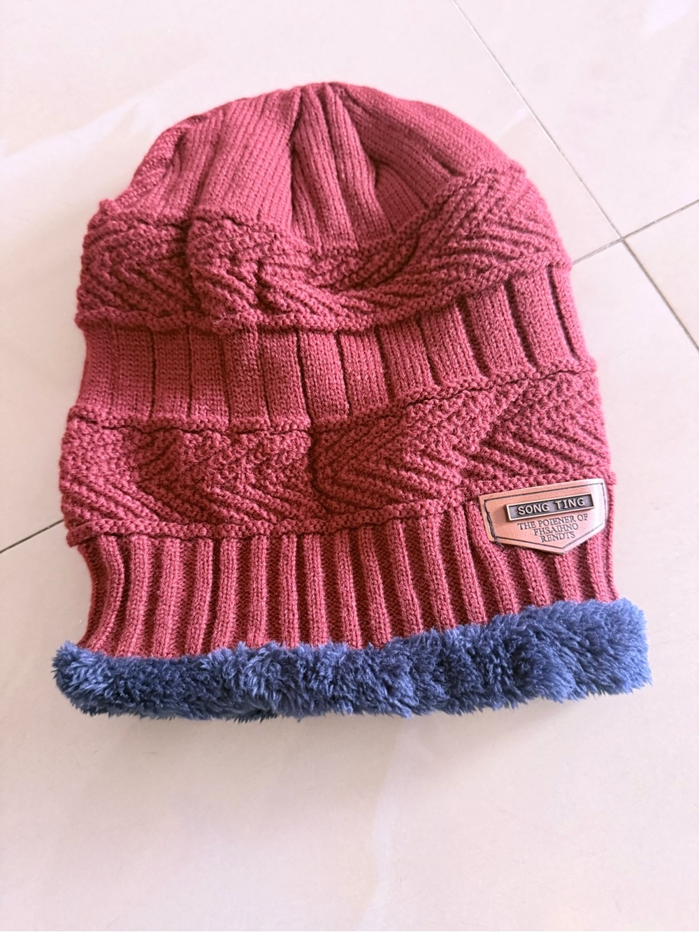 Unisex Knit Beanie Hat in Wine with Navy Faux-Fur Trim by - Picture 3 of 8